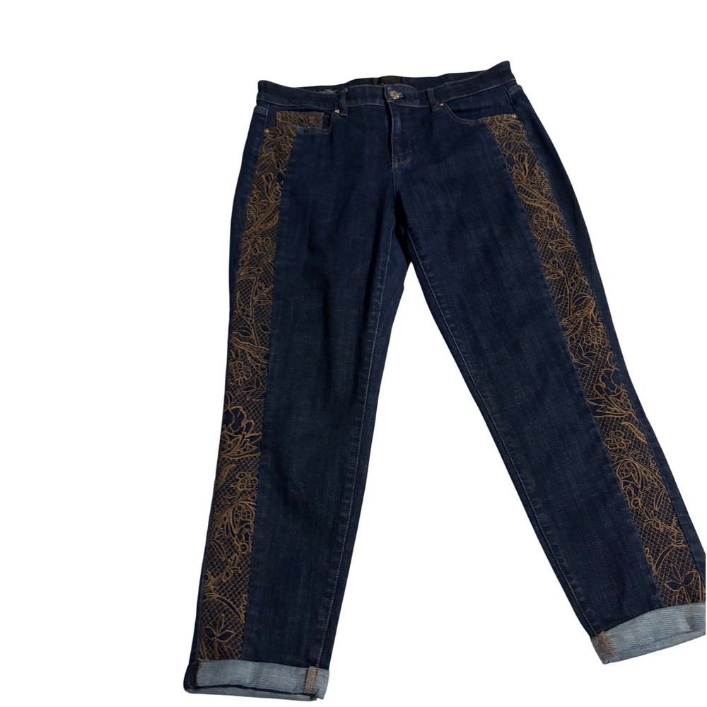White House Black Market Girlfriend Jeans Dark‎ Wash Gold Lace Side Stripe 10